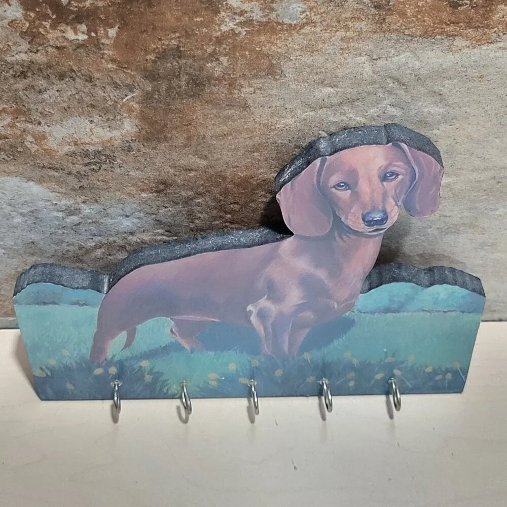 Decorative Brown Dachshund Dog Key Leash Holder Wall Mount
